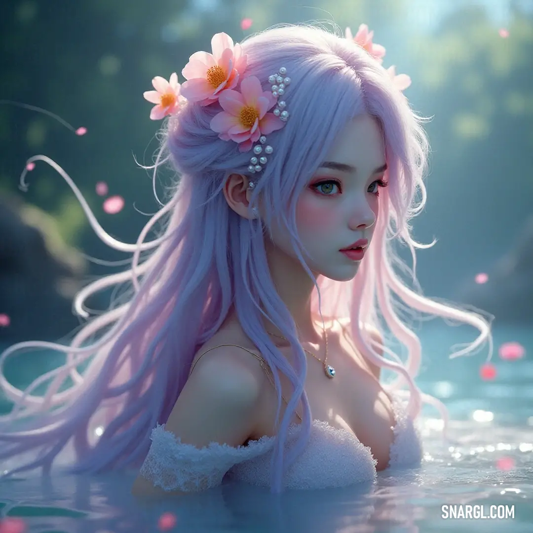 A captivating portrait of a young woman with delicate pink hair adorned with blossoms, standing elegantly in calm waters, where gentle ripples reflect the serene atmosphere, enhancing her enchanting presence.