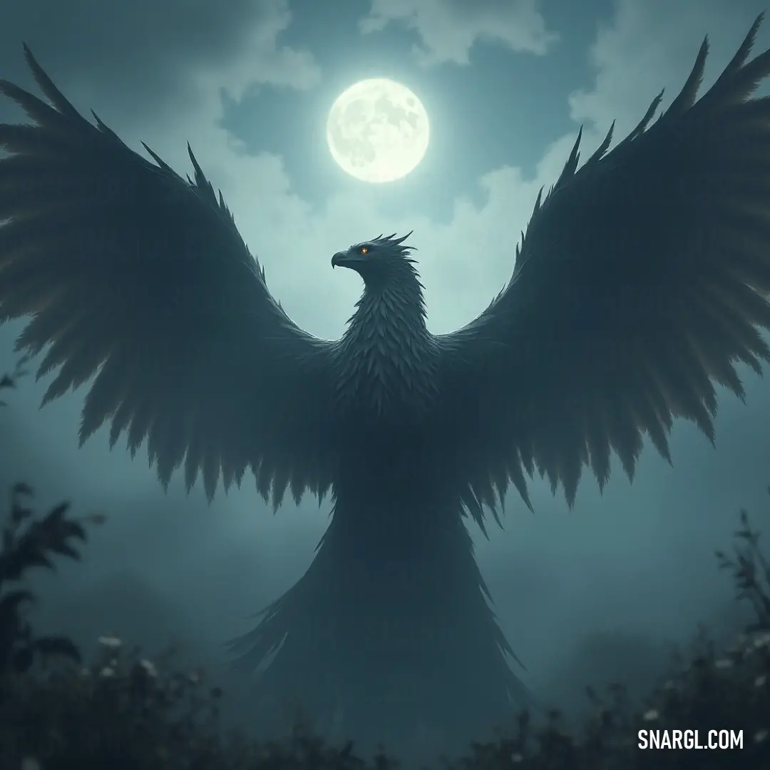 Majestic King Gryph displays its magnificent wings, illuminated by the glowing full moon, as clouds swirl around in the night sky, creating an atmosphere of enchantment and mystery.