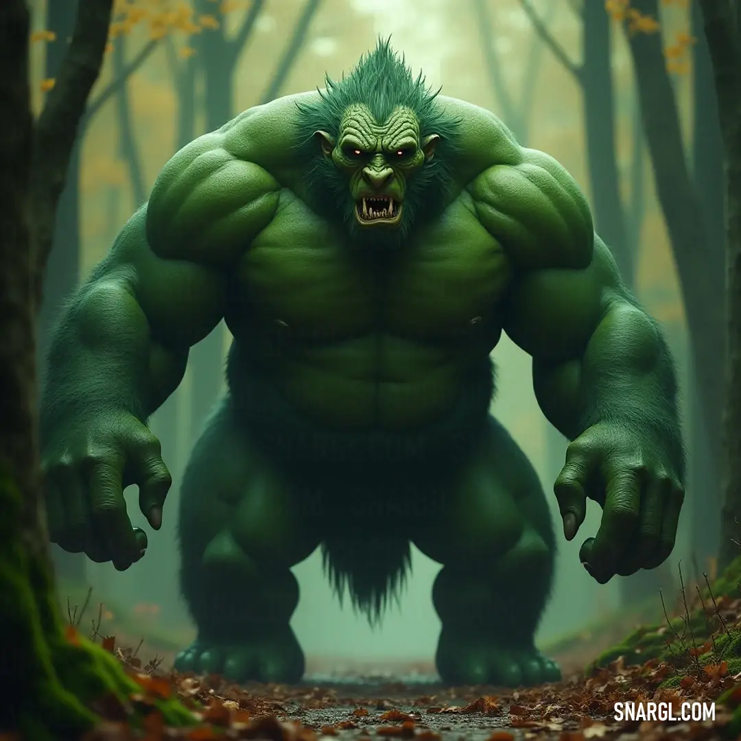 A towering green King Ogre stands triumphantly in a lush forest. Surrounded by trees and a carpet of leaves, the path leading to this formidable figure invites curiosity and awe as the creature watches over its domain in serene majesty.