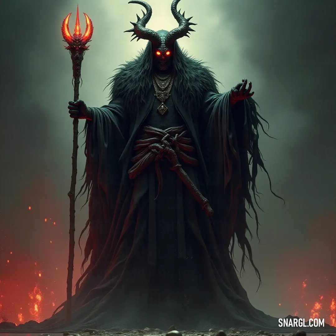 Demonic King Yama, staff raised, donning a menacing face, shrouded in darkness. The menacing Demonic King Yama stands tall, his staff raised, adorned with a visage of his own face exuding an unsettling presence. Darkened hues envelop him, adding dramatic flair to his formidable stature within this haunting environment.