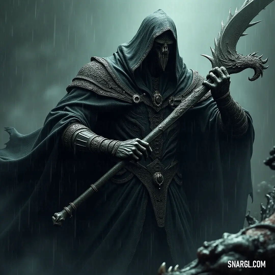 The enigmatic King Yama donned in a serene hooded robe, brandishing a majestic sword alongside a powerful dragon, captured in a rainy dark ambiance, immersed in the essence of ethereal tales. A mysterious figure of King Yama shrouded in a flowing hooded robe, wielding a formidable sword, surrounded by a mystical dragon, all set against a tempestuous dark sky filled with rain, evoking an atmosphere of ancient myths and legends.