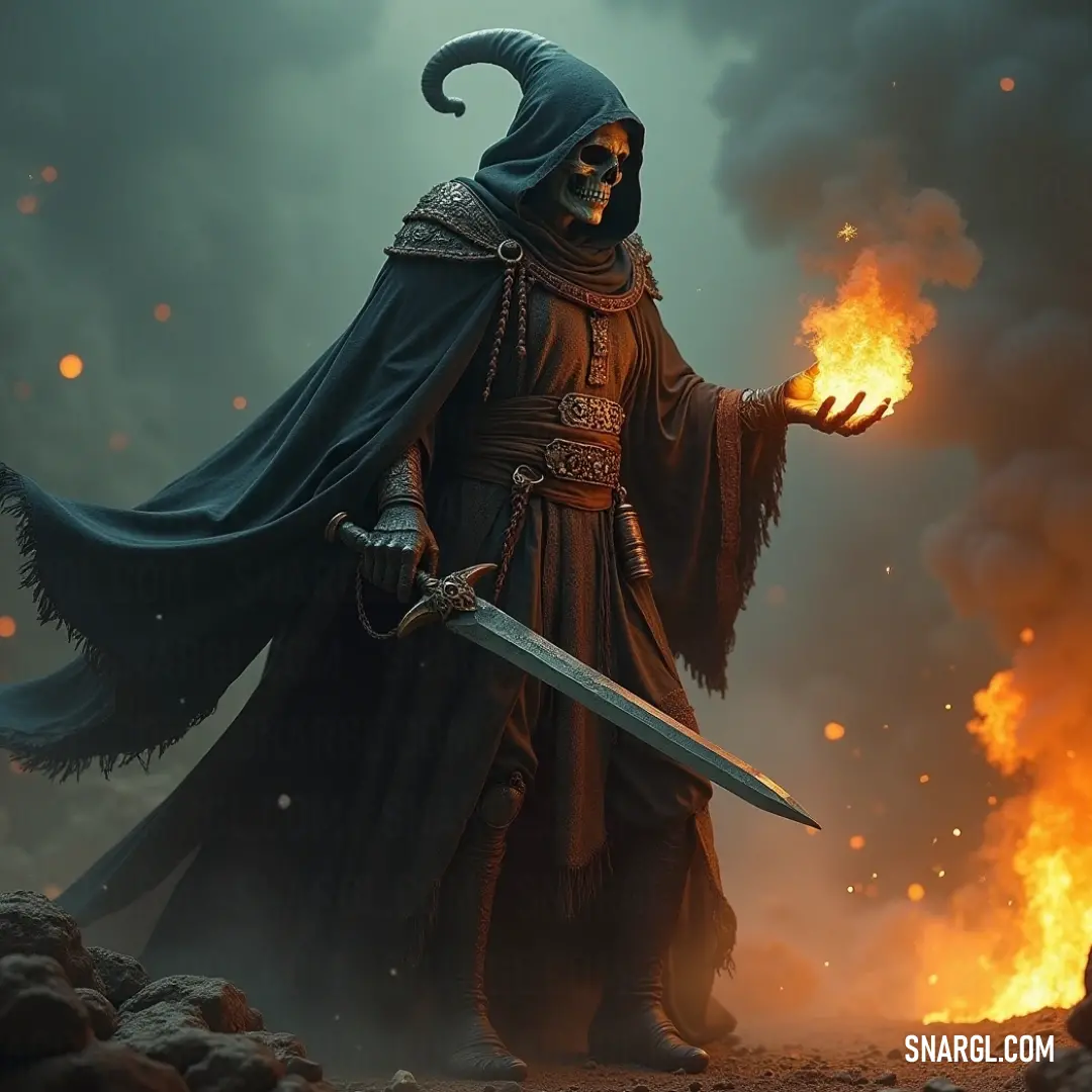 King Yama in a majestic robe, wielding a sword amidst a fiery, smoke-filled sky that mirrors his strength and authority. A regal and powerful King Yama stands tall, draped in a flowing robe, holding a mighty sword in front of a tumultuous sky filled with swirling smoke and flames. His fierce gaze pierces through the chaos.