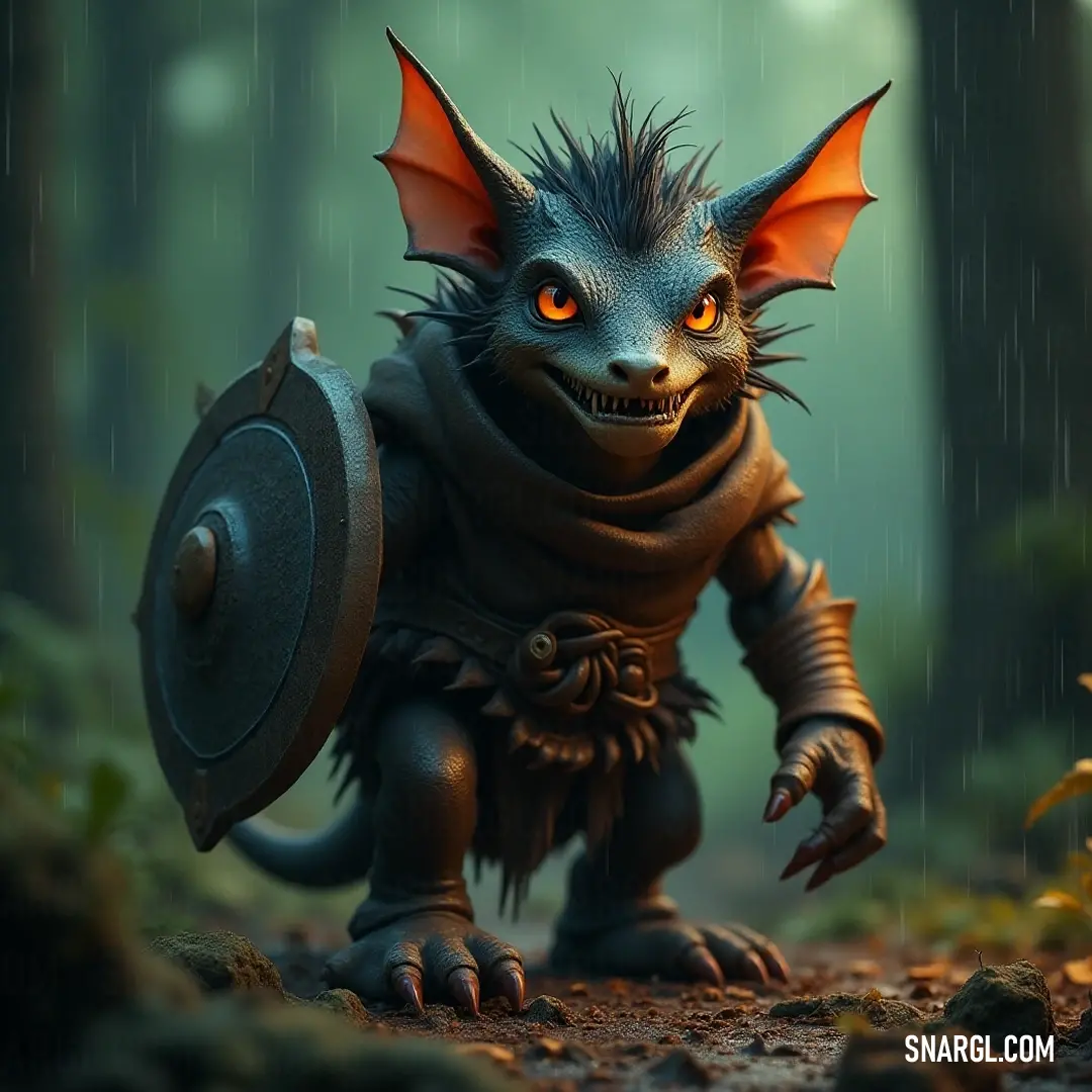In a dense, shadowy forest, a brave kipper clad in a helmet and shield faces an ominous presence, rain drenching its armor as menacing eyes peer from behind the trees.