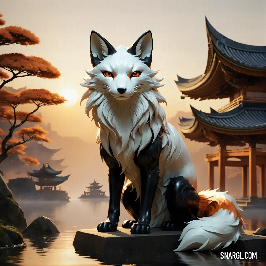 Fox and a dog on a rock in front of a lake with pagodas in the background