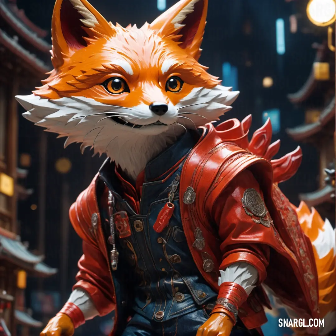 Fox in a red leather jacket and a red jacket with a red tail and a red jacket