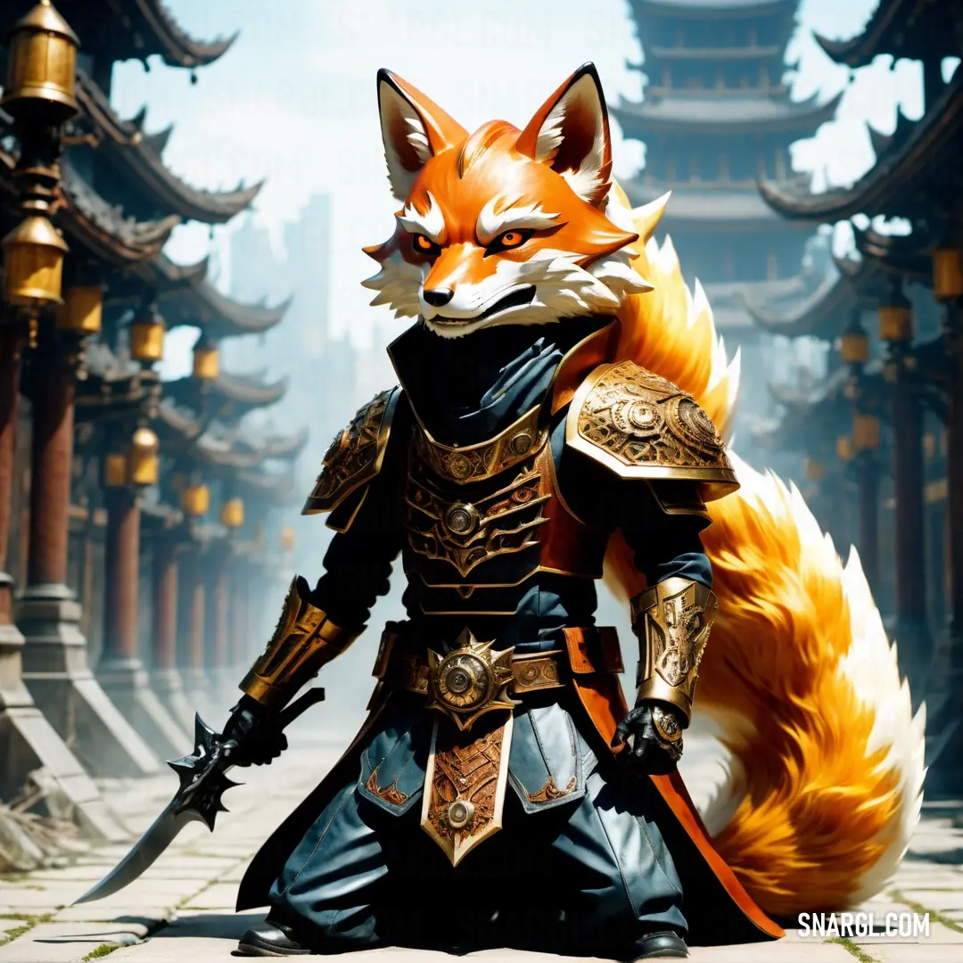 Fox in armor standing in front of a building with a sword in its hand and a helmet on