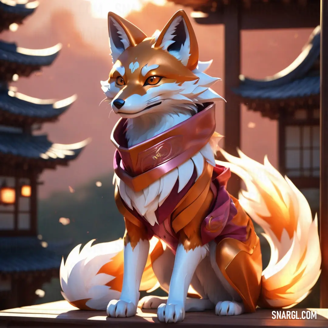 Fox is on a ledge in front of a building with a lantern in the background