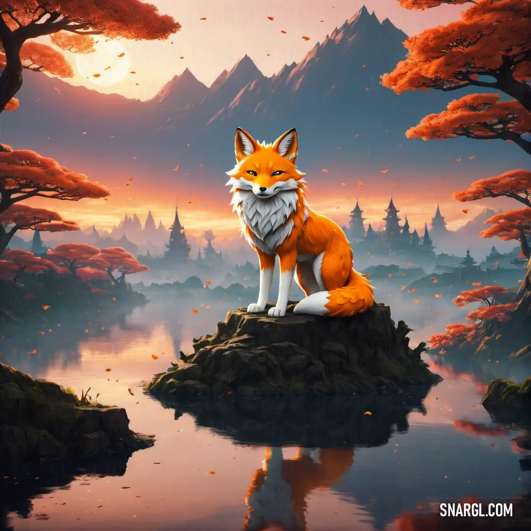 Fox on a rock in a forest with a lake and trees in the background at sunset or dawn