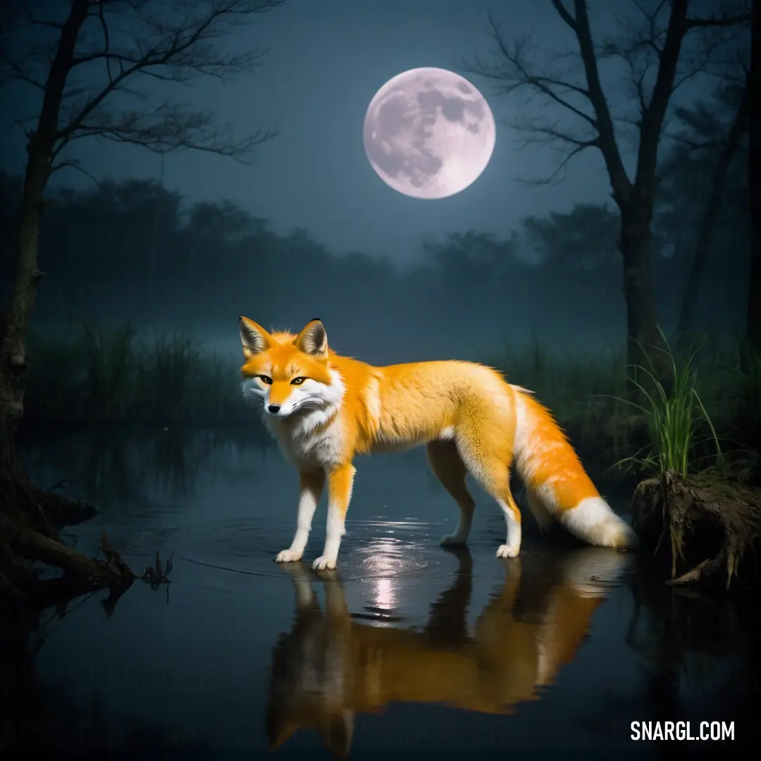 Fox standing in the water with a full moon in the background