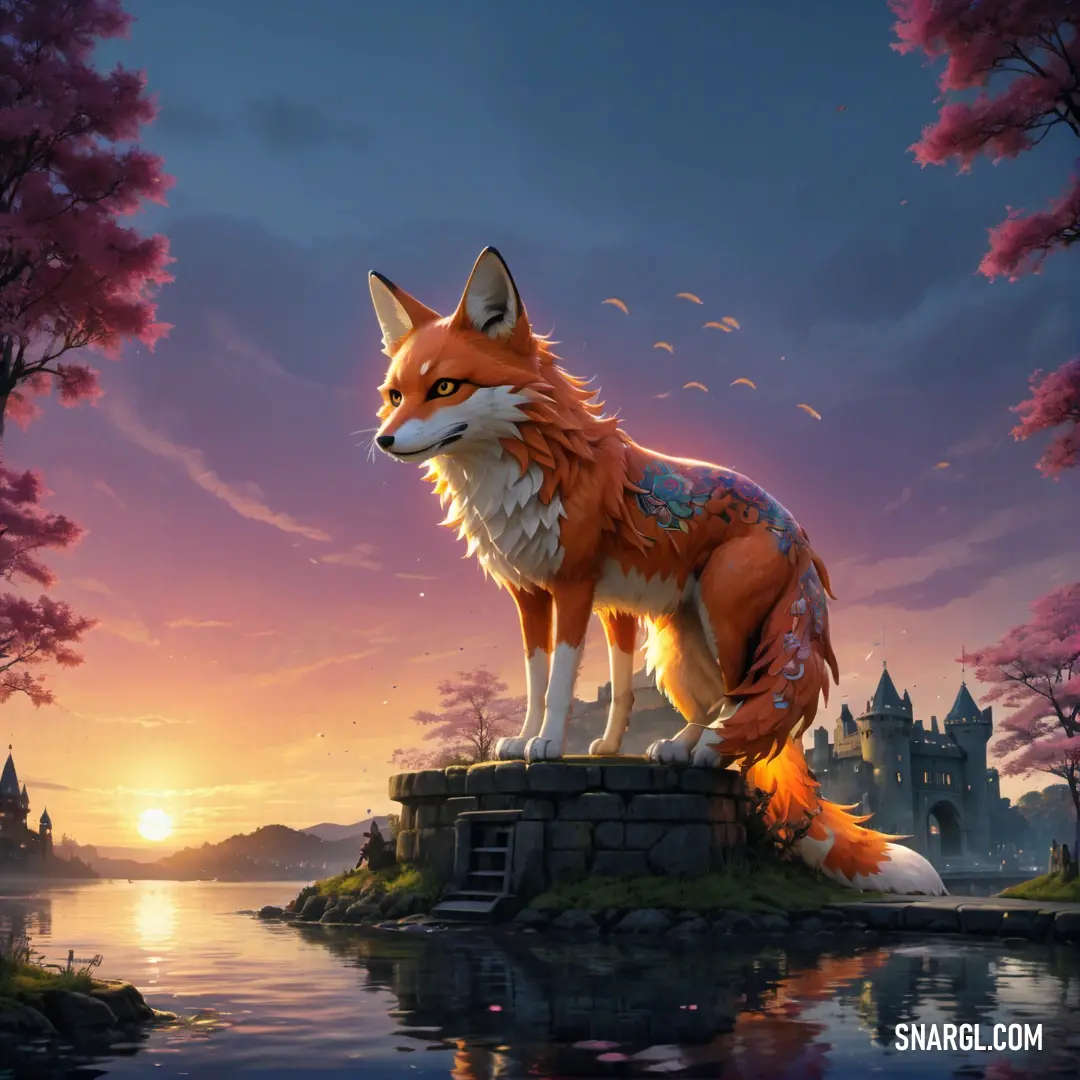 Fox standing on a rock in front of a lake and a castle at sunset with a pink sky