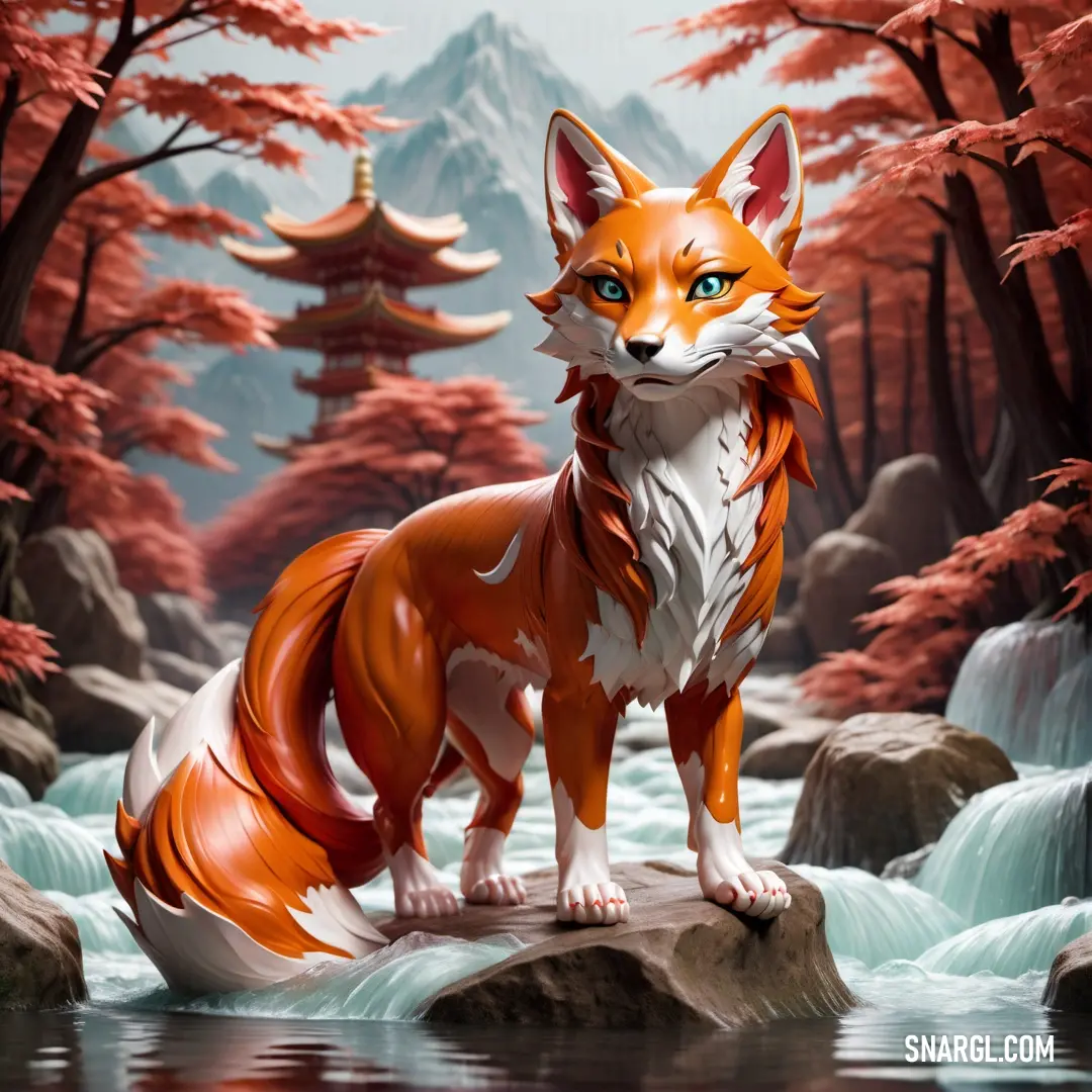 Fox standing on a rock in a stream of water with a mountain in the background