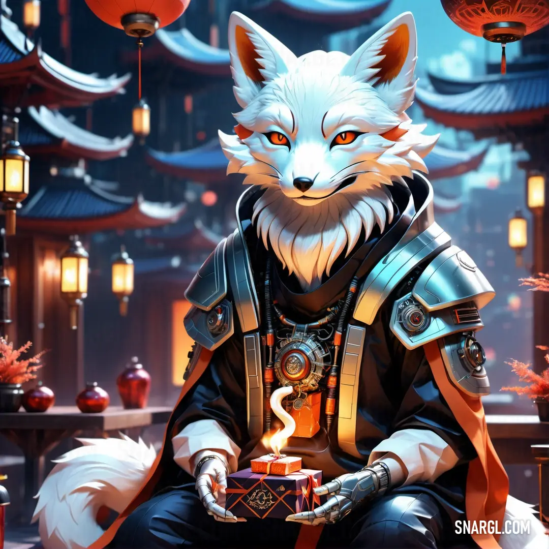 Fox with a sword and a candle in its hand on a table in front of a building