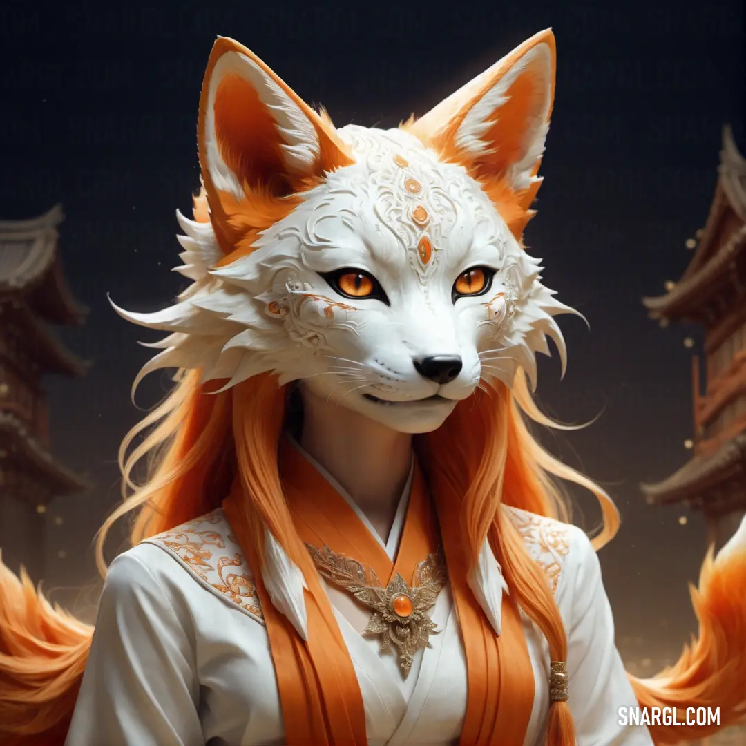 Fox with orange hair and a white outfit with orange eyes and a white fox head