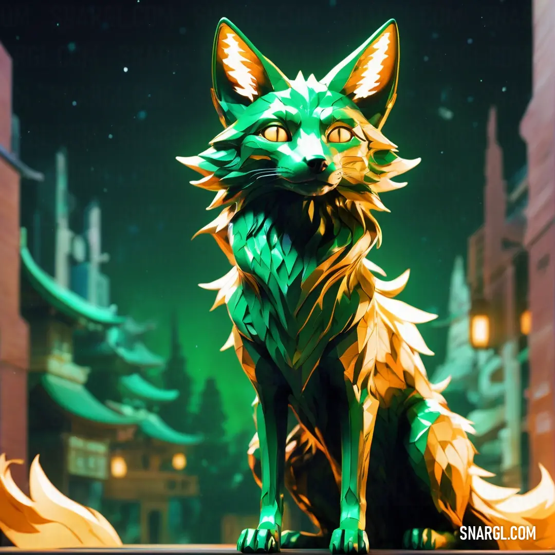 Green fox on top of a wooden table next to a building at night time with a full moon in the background