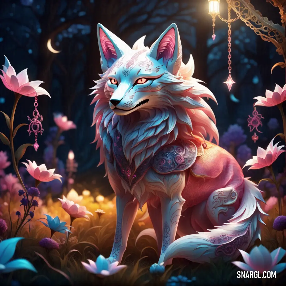 Painting of a fox in a forest with flowers and a light bulb hanging from the ceiling above it