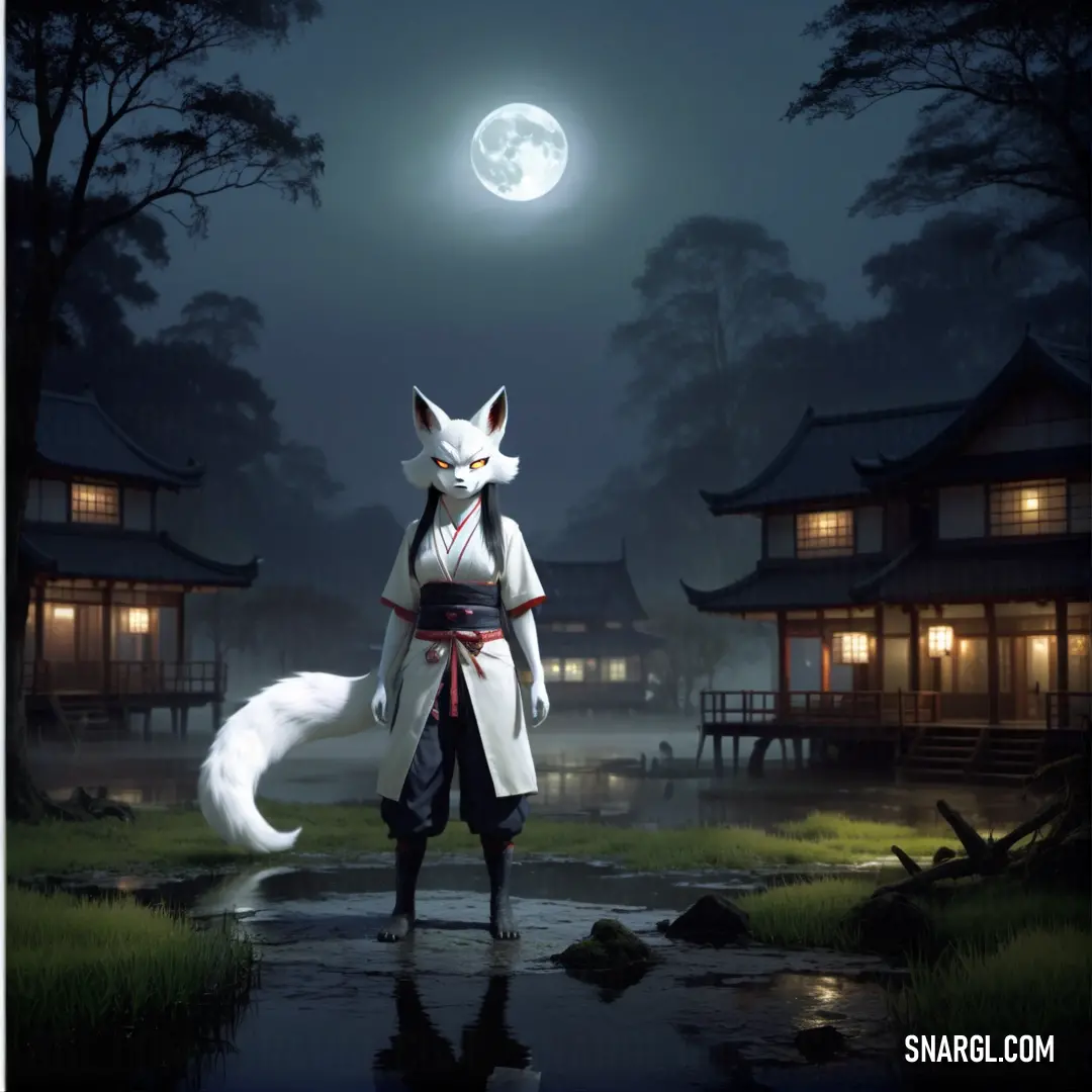 Person in a white coat and a white cat in a dark forest with a full moon in the background