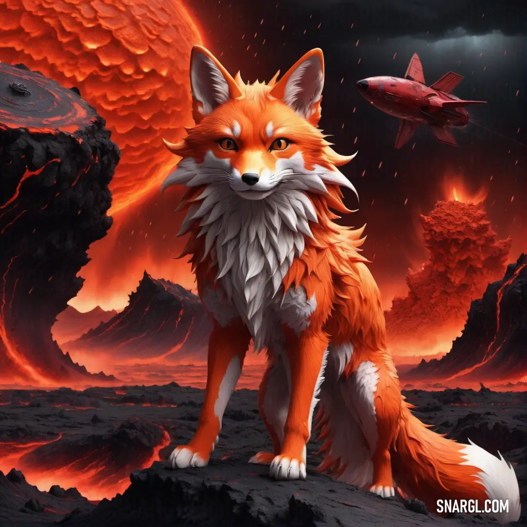 Red fox on a rock in front of a red sky with a fish flying above it