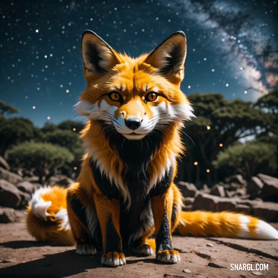 Red fox on top of a dirt field under a night sky with stars and a full moon