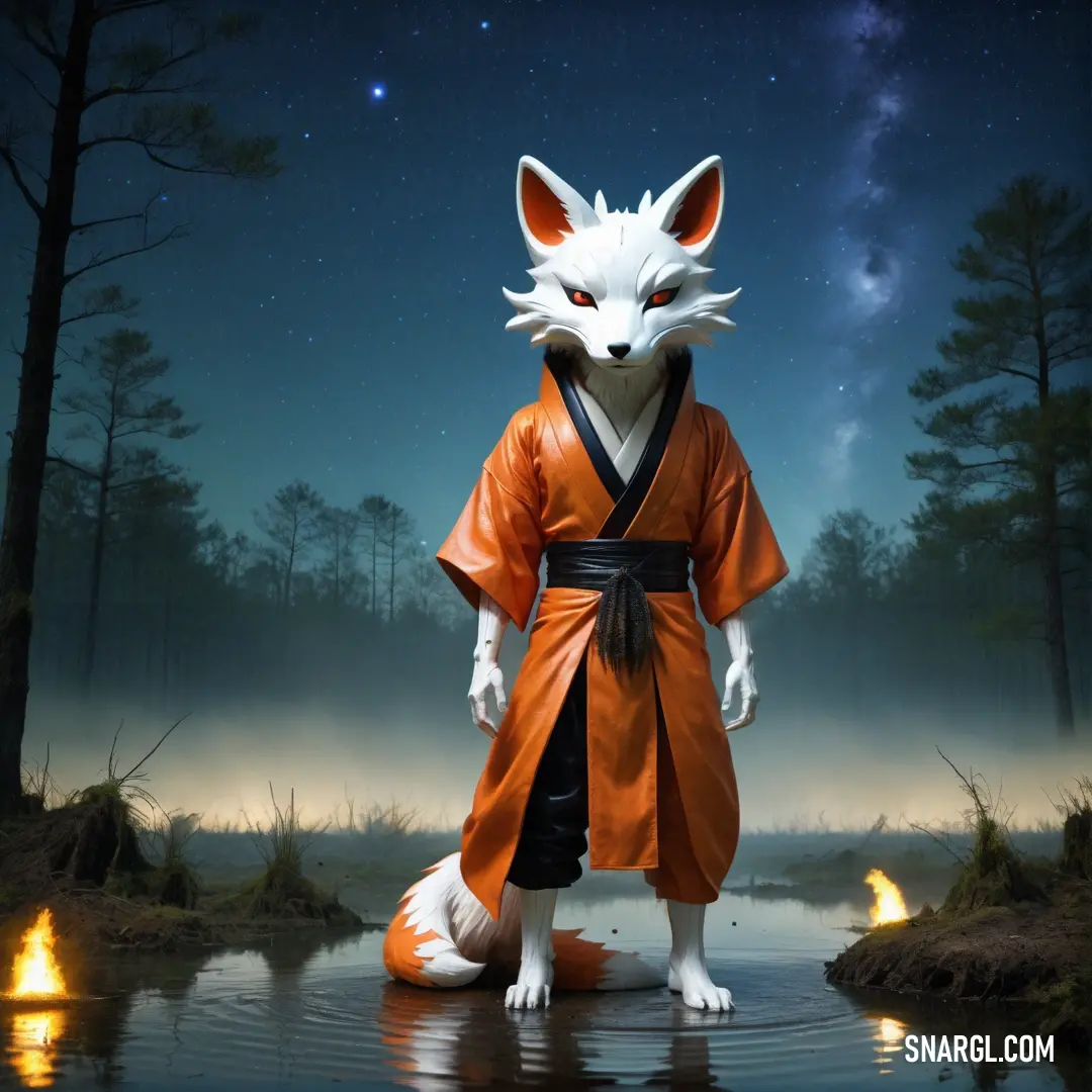 Statue of a fox in a kimono standing in a pond with a fire in the background and a full moon in the sky