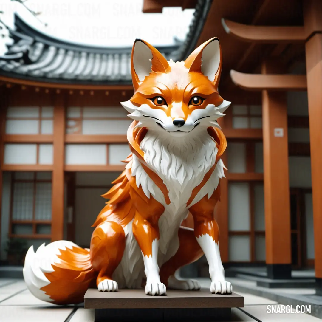 Statue of a fox on a table in front of a building with a pagoda in the background