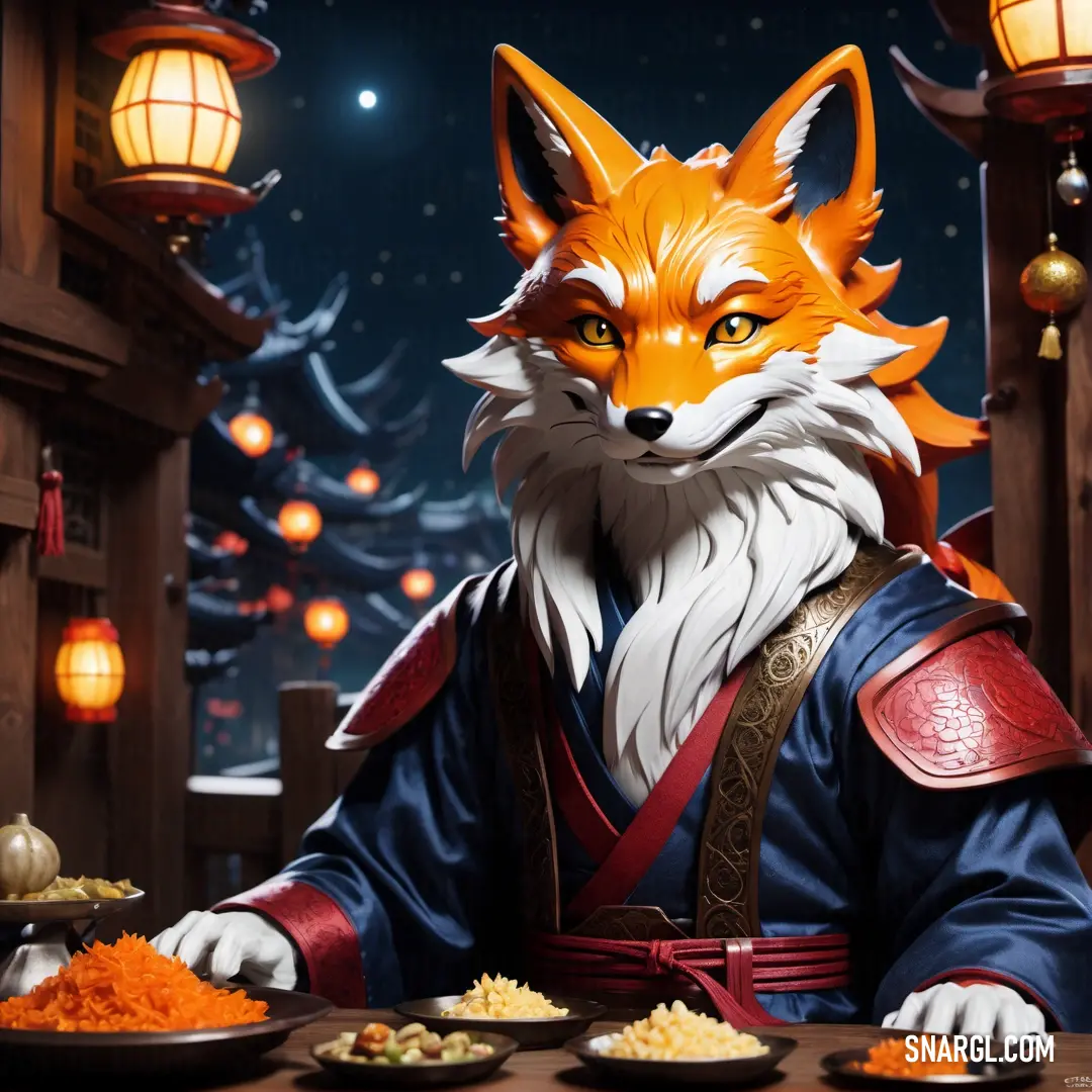 Statue of a fox wearing a kimono and holding a plate of food in front of him and a lantern