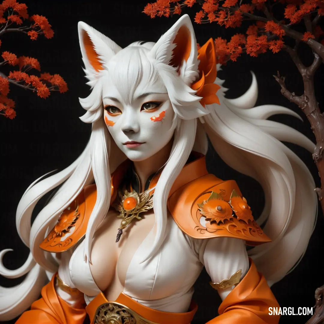 Statue of a female Kitsune with white hair and orange makeup and a cat costume on