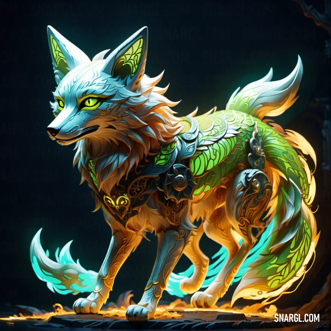 Stylized image of a wolf with green eyes and a green tail, standing on a dark background