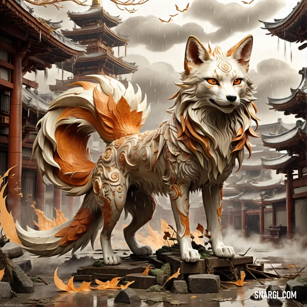 White and orange fox statue in a courtyard of a building with a pagoda in the background