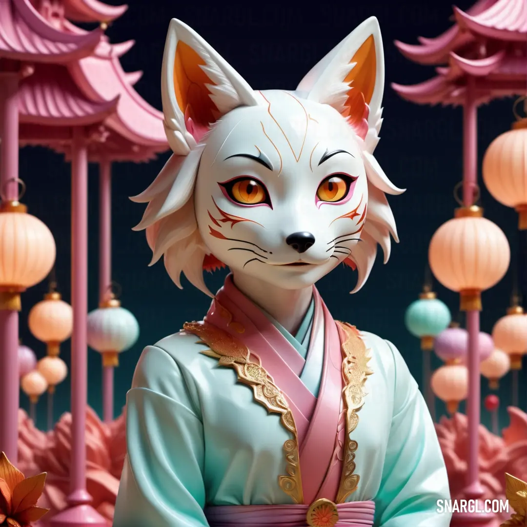 White Kitsune wearing a blue and pink outfit and a lantern in the background with lanterns hanging from it