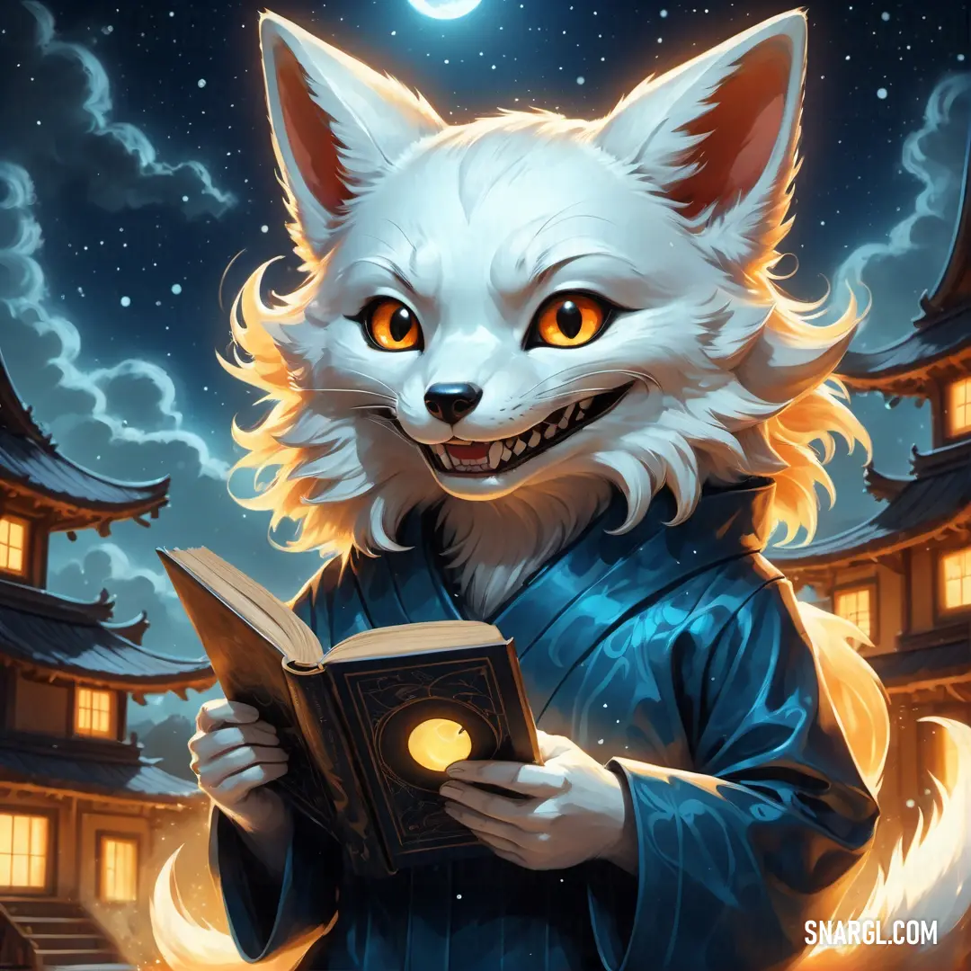 White fox is reading a book in front of a full moon and pagodas at night