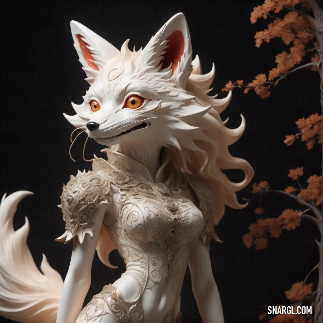 White fox statue with a dress and a tree in the background with leaves and flowers in the foreground