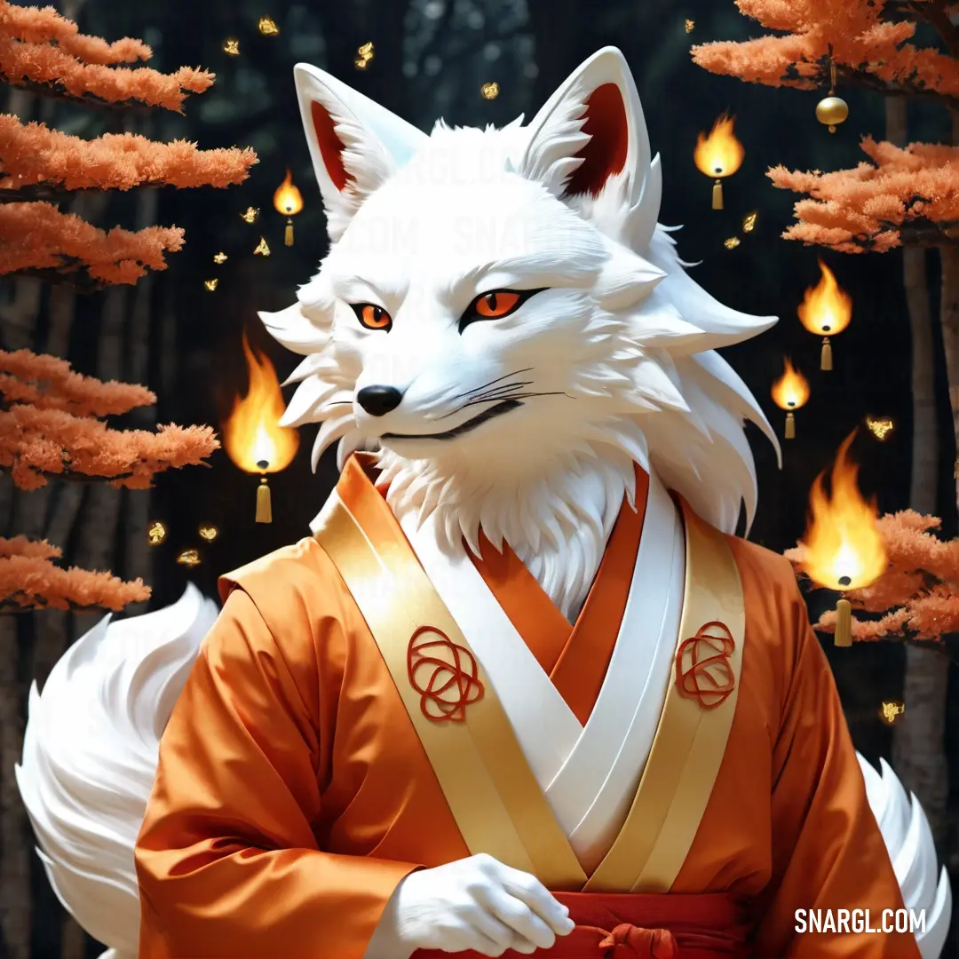 White fox wearing a kimono and holding a red lantern in front of a forest of fireballs