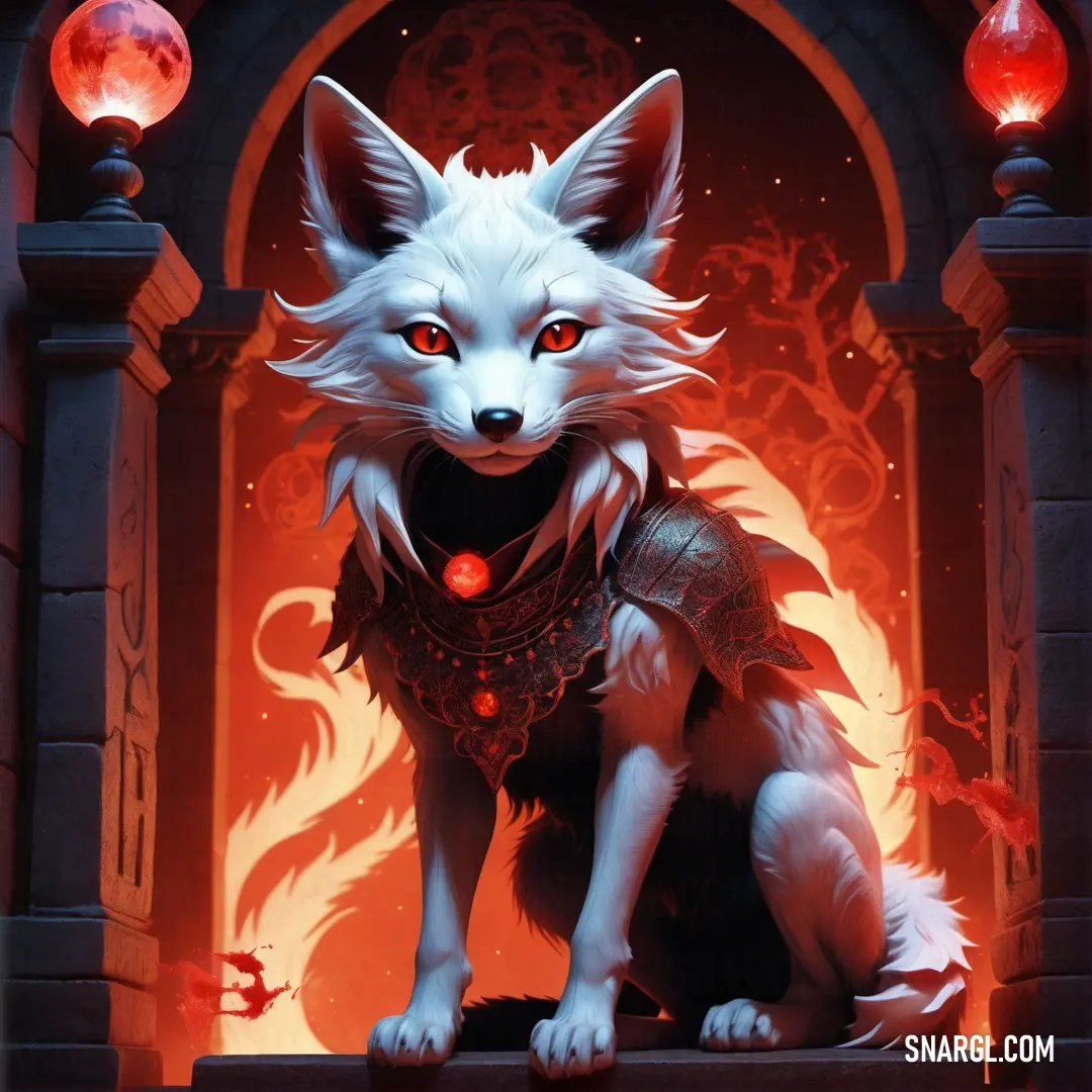 White fox with red eyes on a ledge in front of a fire place with a lantern on it