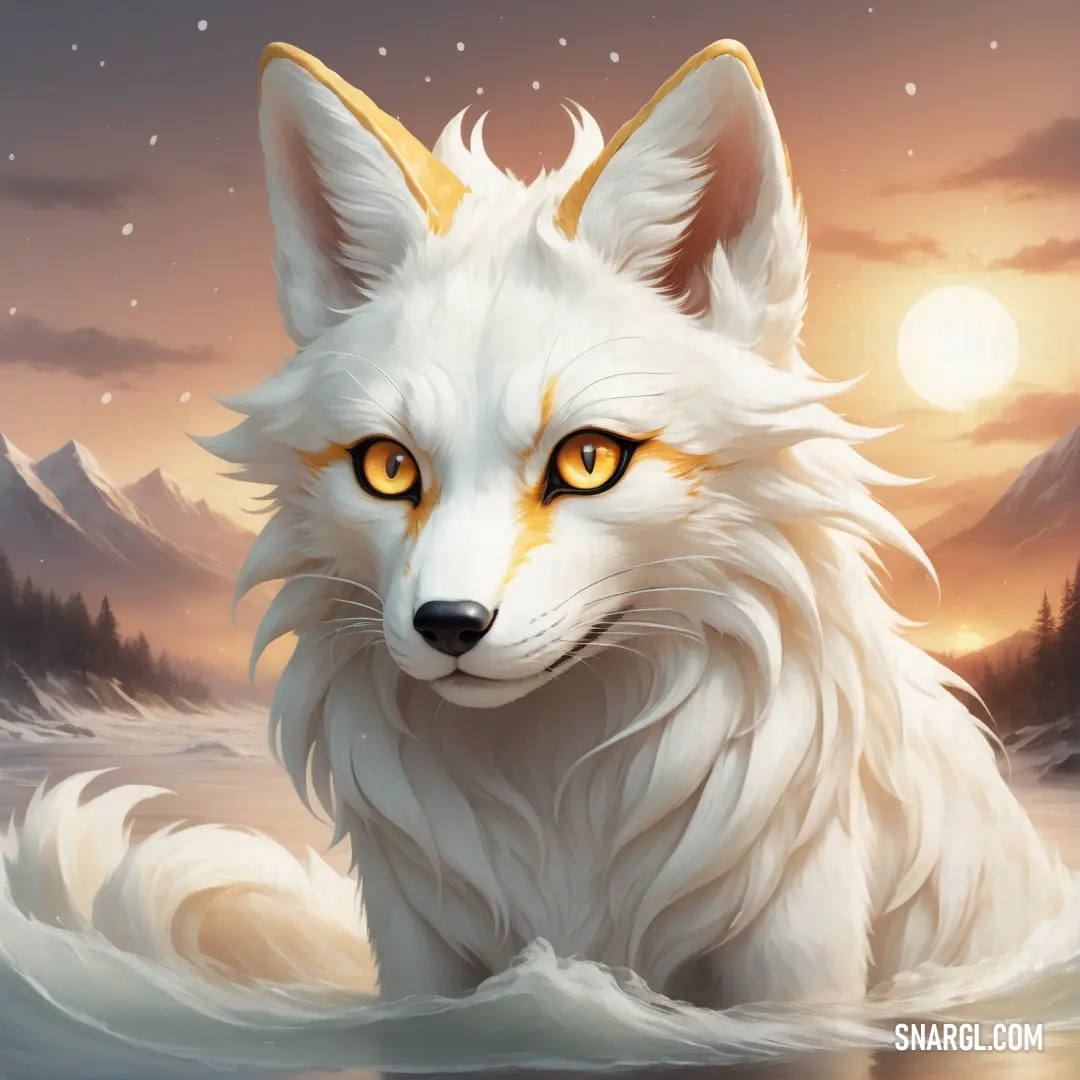 White fox with yellow eyes in the water at sunset with mountains in the background