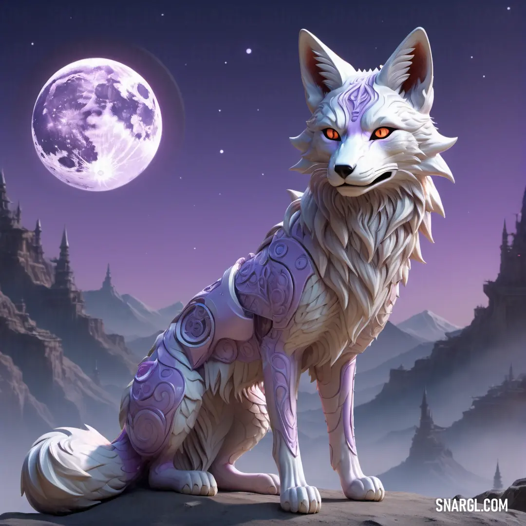 White wolf on top of a rock under a full moon sky with a castle in the background