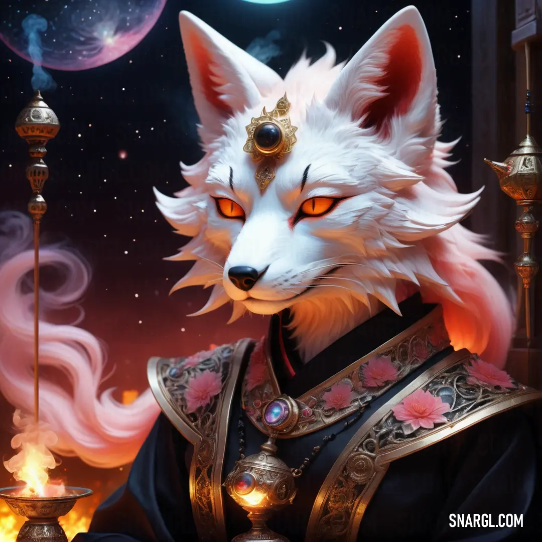 White wolf wearing a costume and a crown with a red eye and a candle in front of a full moon
