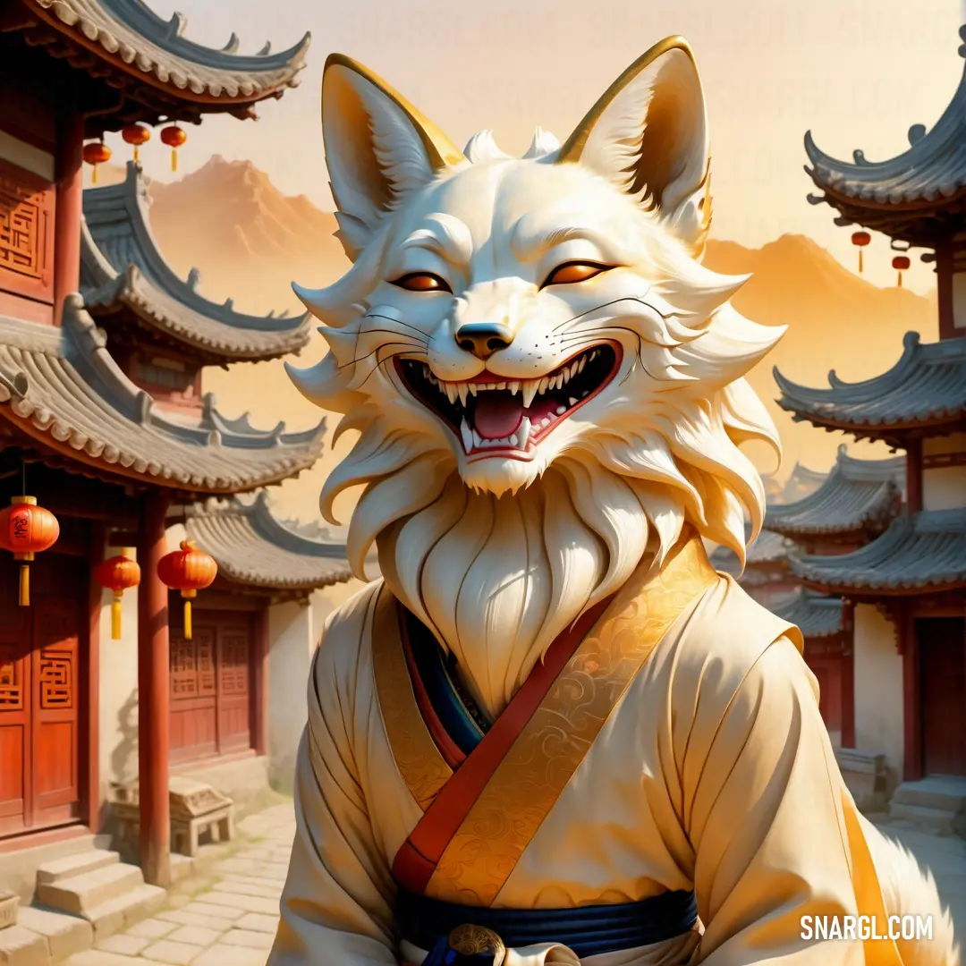 White wolf wearing a yellow and red outfit in front of a building with oriental decorations on it's walls