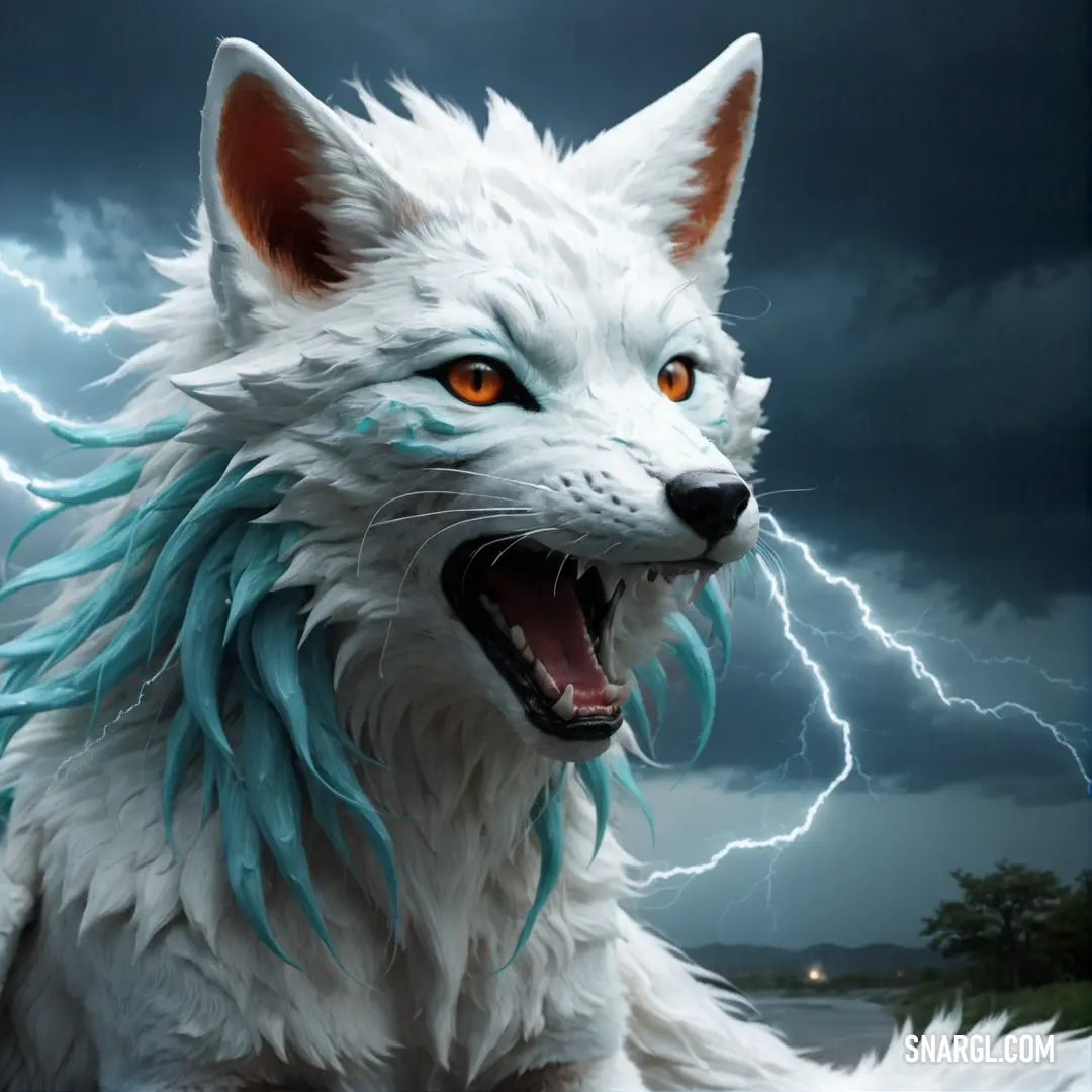 White wolf with blue feathers and orange eyes is in the grass with a lightning in the background