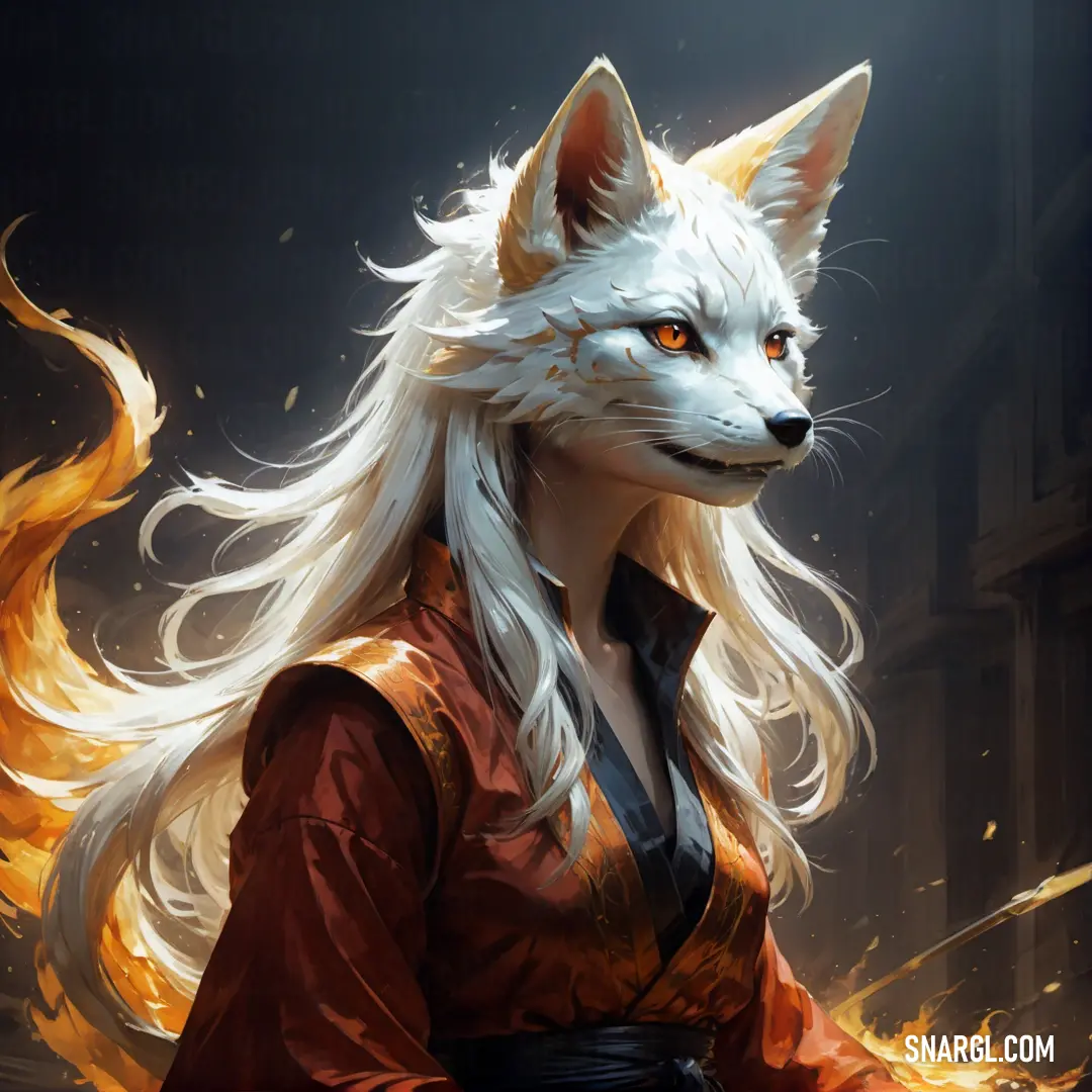 White wolf with long hair and a red dress with a black collar