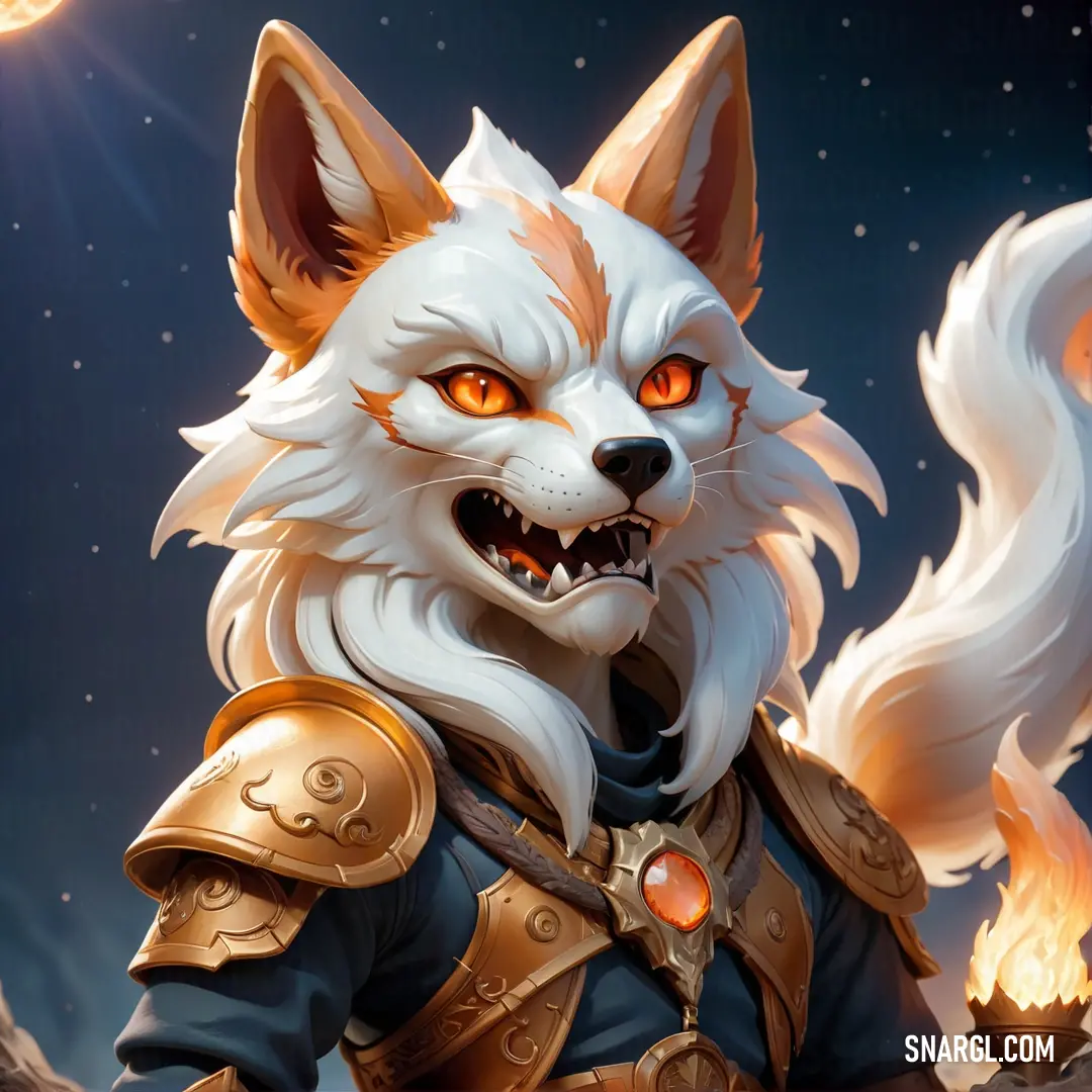 White wolf with orange eyes and a gold armor on his chest and a glowing tail