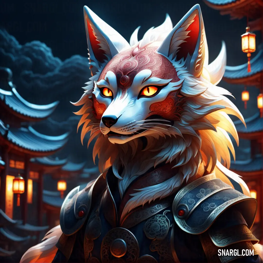 Wolf with a helmet and armor in front of a building with lanterns on it's sides