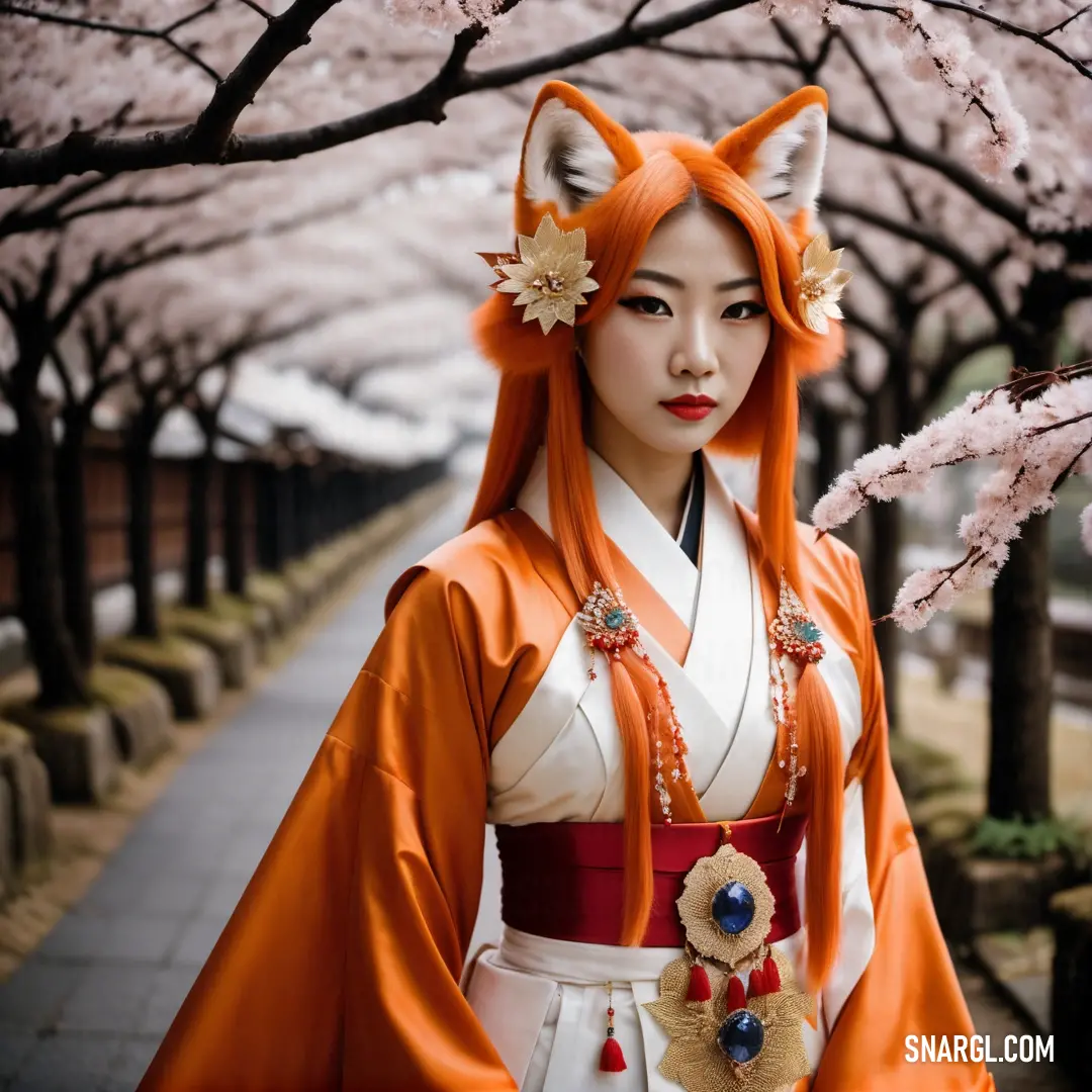 Woman dressed in a costume standing in front of a tree with pink flowers on it's branches