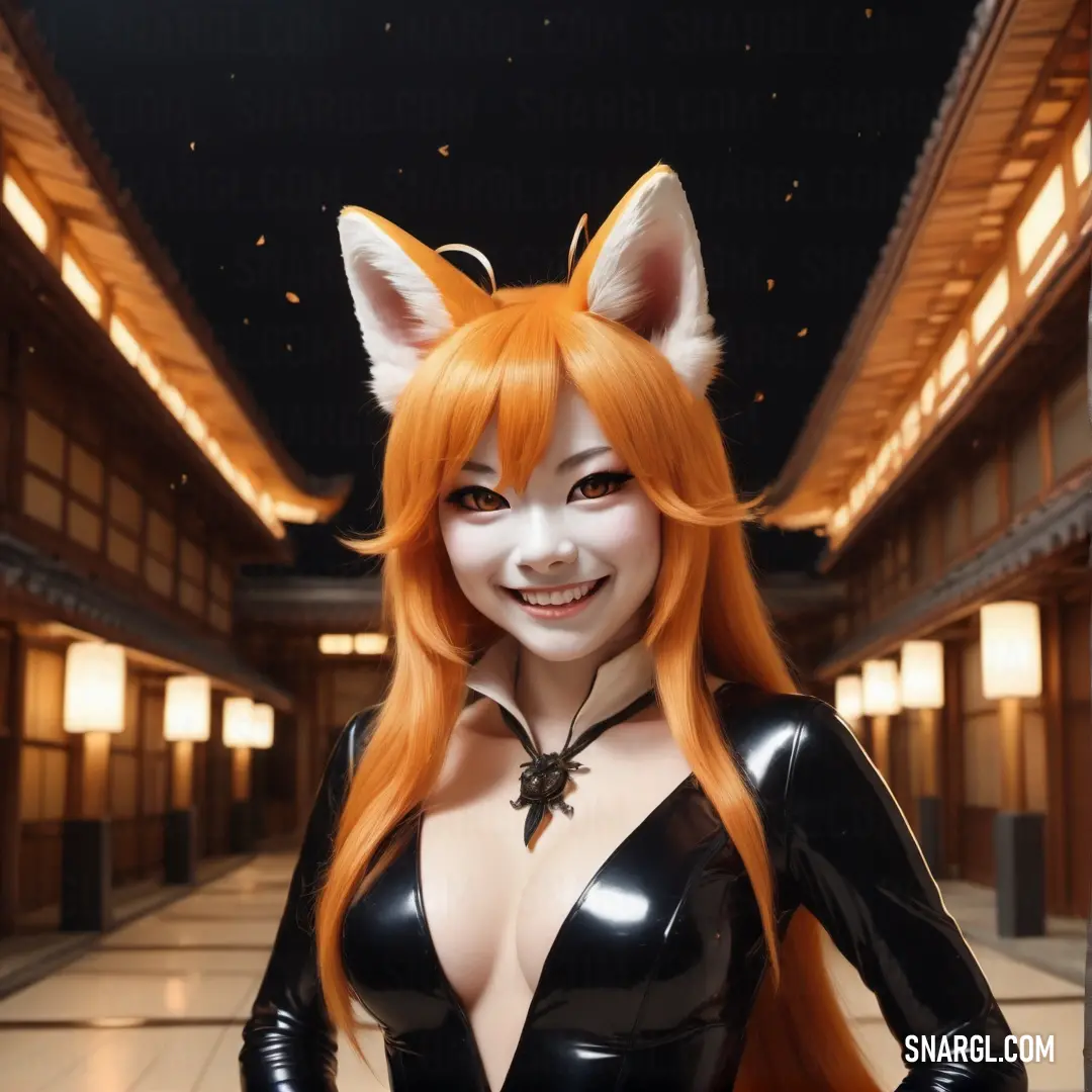 Kitsune in a cat suit posing for a picture in a hallway with lights on the ceiling and a cat ears on her head