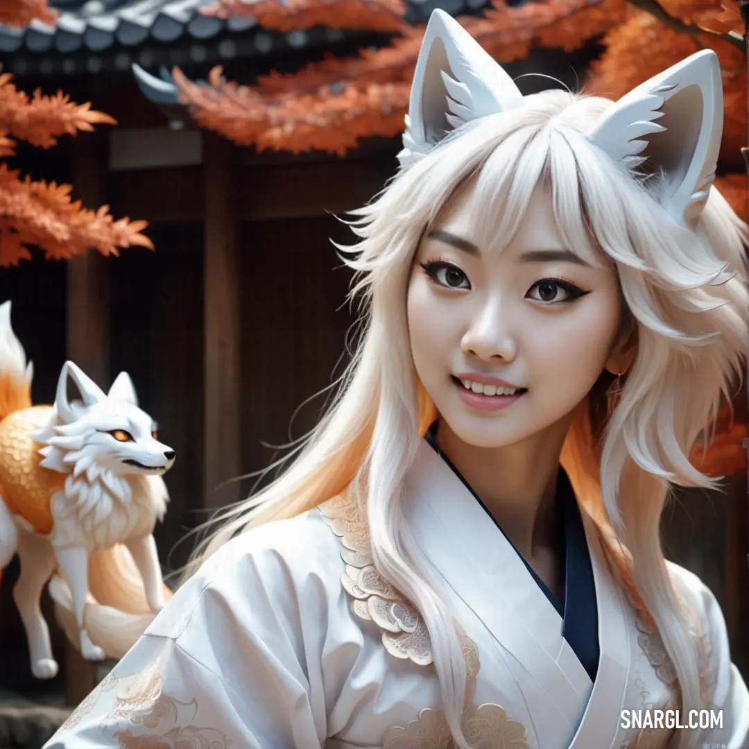 Kitsune in a kimono with a fox statue behind her and a dog statue behind her in front of a building