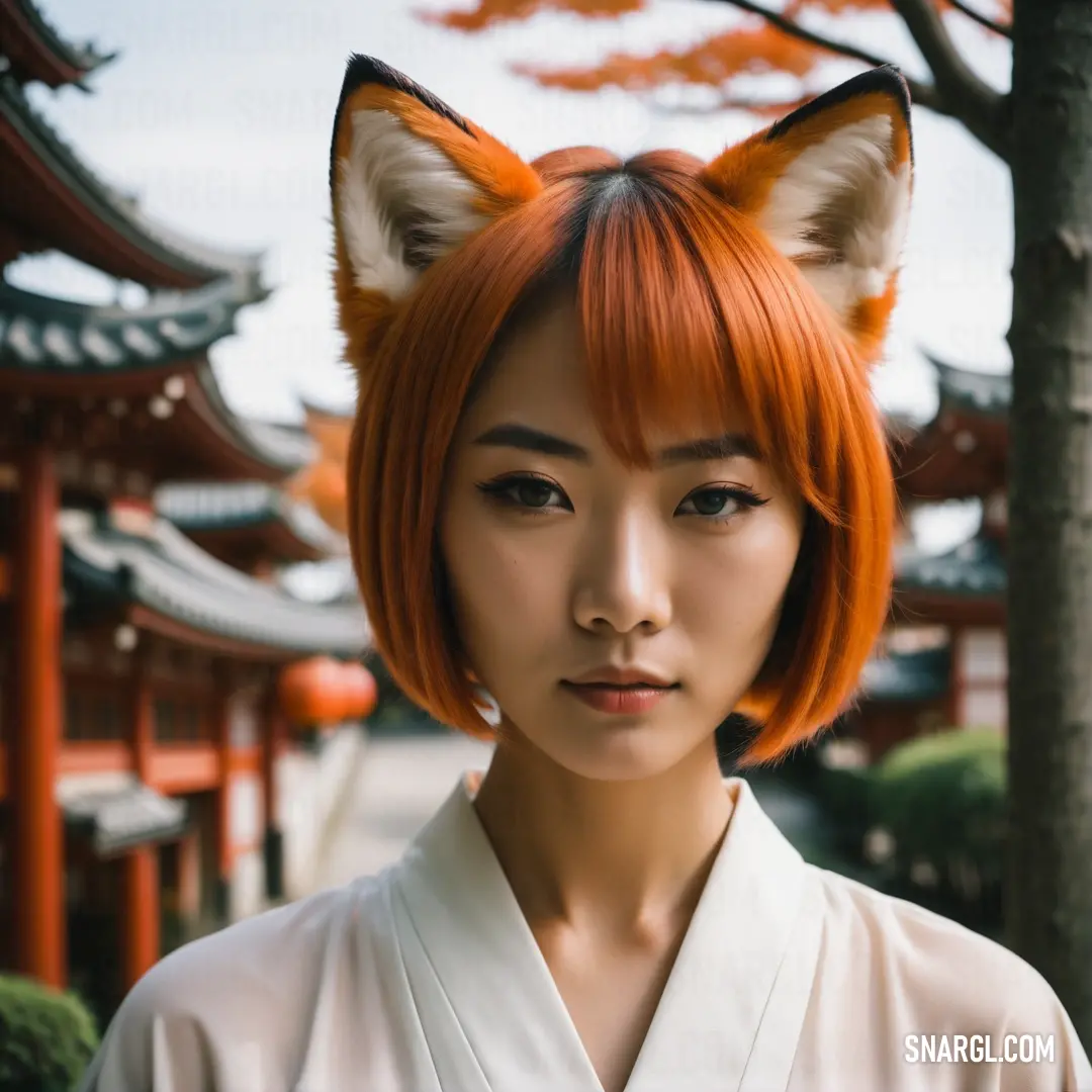 Woman with a cat's head on her head and a white shirt on her shirt is standing in front of a tree