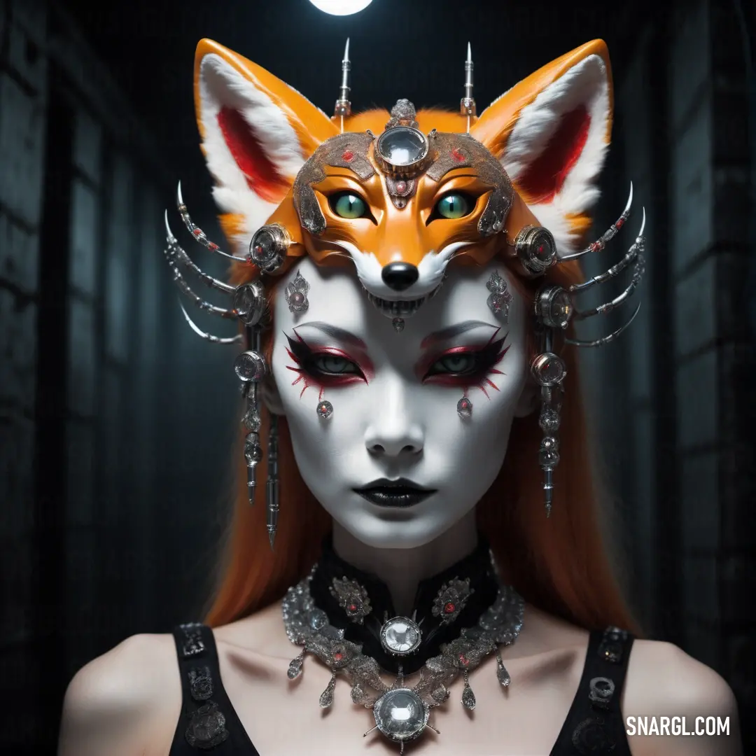 Kitsune with a fox mask on her head and a necklace around her neck and a light shining on her face