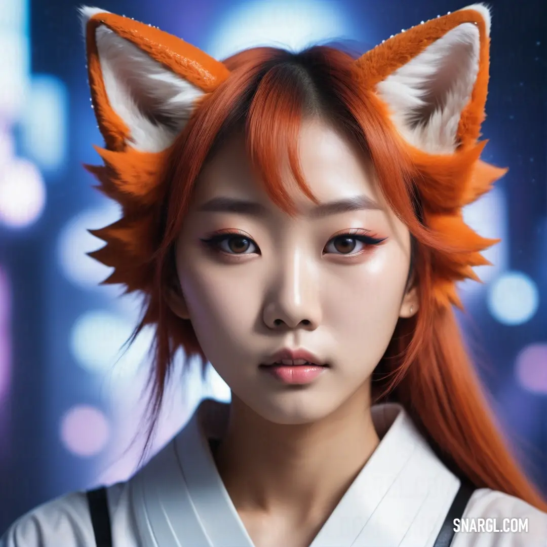 Kitsune with red hair and a cat ears on her head is looking at the camera with a blurry background