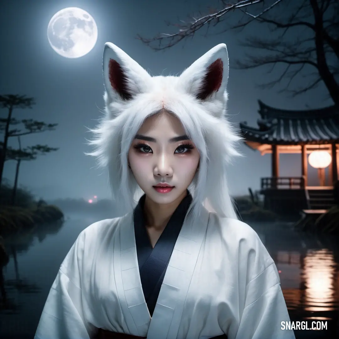 Kitsune with white hair and a cat mask on