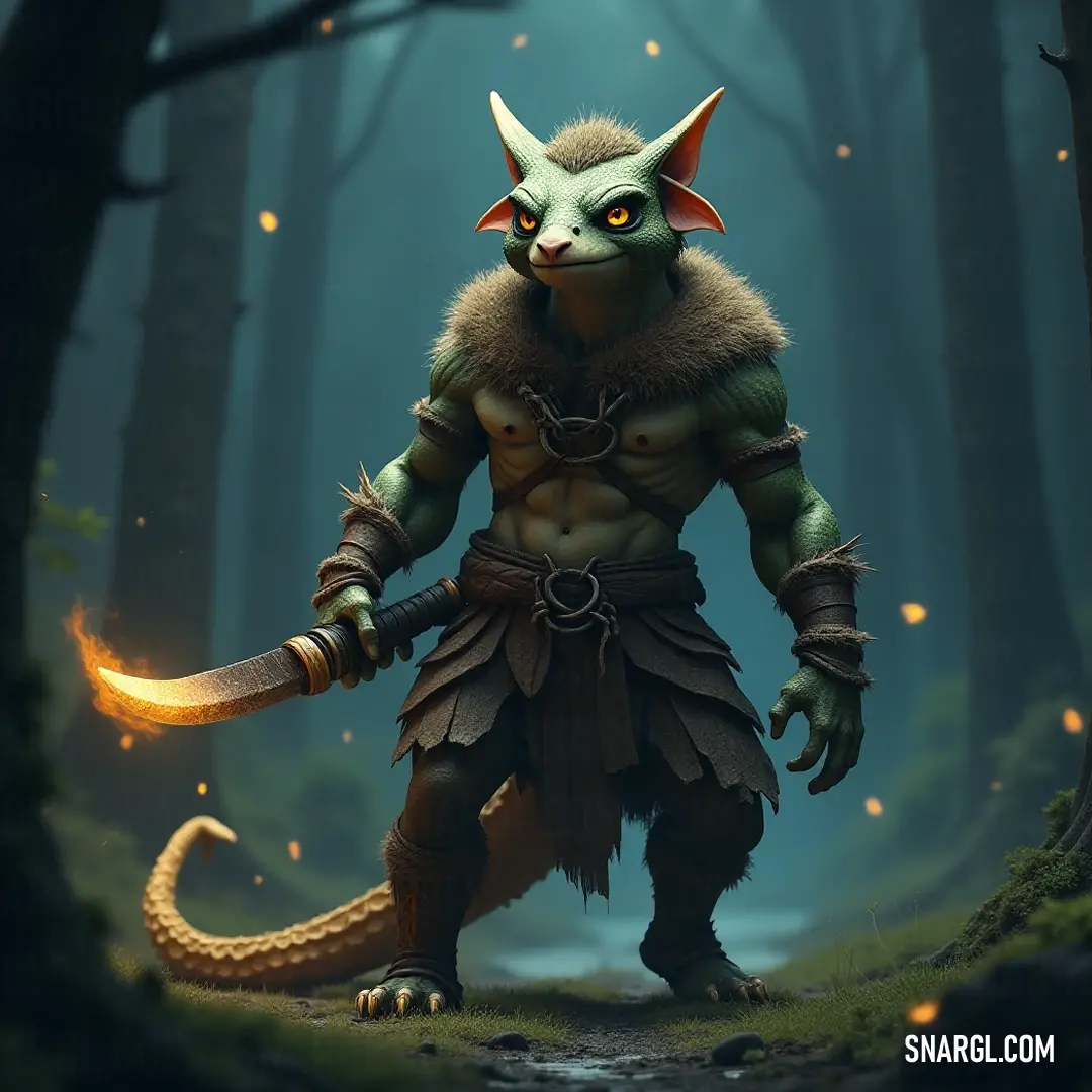 A fierce Kix brandishing a sword, surrounded by flames and shadows, with a terrifying demon-like face, standing resolute in a fiery forest drenched in mystique.