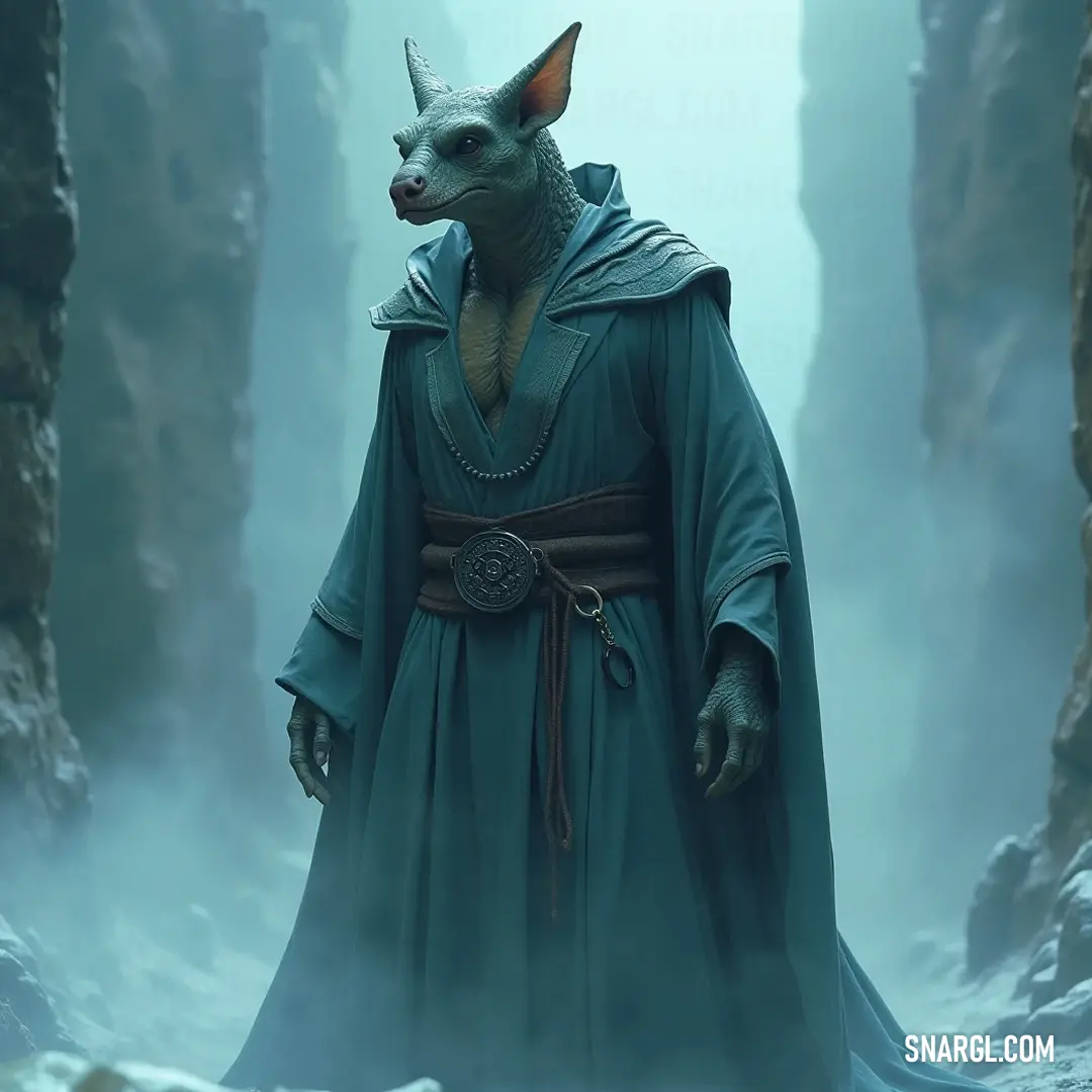 A valiant Kix in a green ensemble adorned with a wolf mask, poised in a captivating cave brimming with reflections of fortitude and exploration. A courageous Kix clad in a green outfit and a wolf mask, standing stoically in a crystal-clear cave, surrounded by rocks and water that glimmer with reflections of adventure.